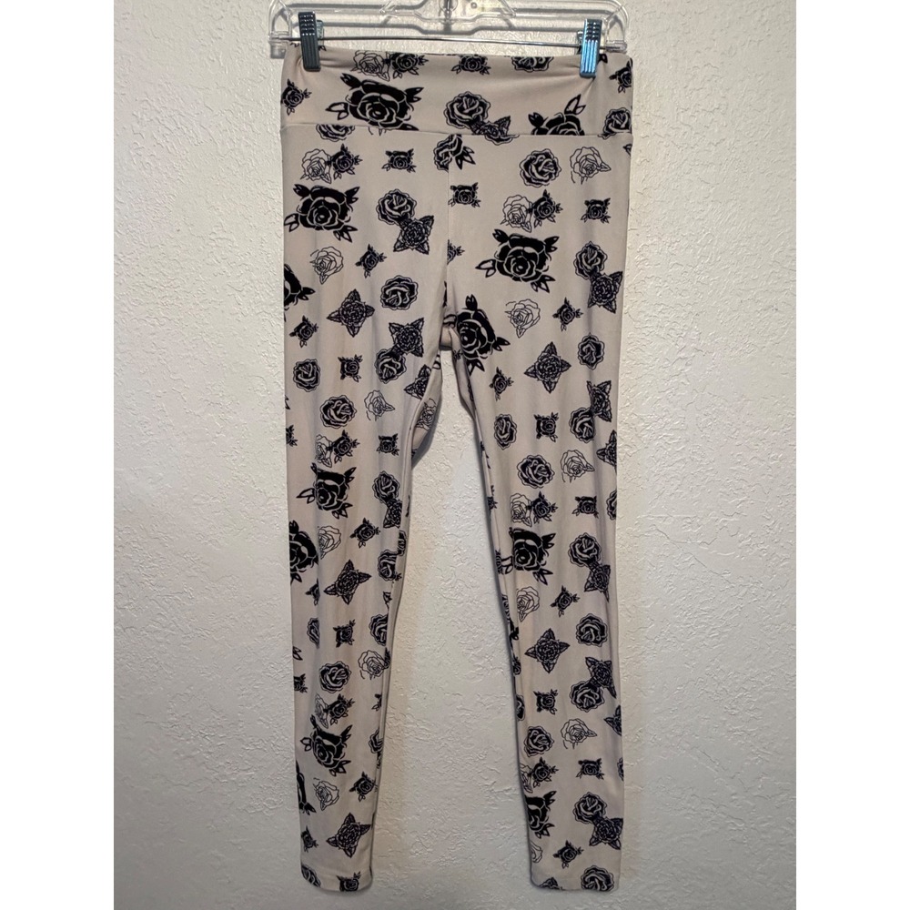 LuLaRoe Black Rose Floral Leggings Cream One Size OS Buttery Soft Stretch